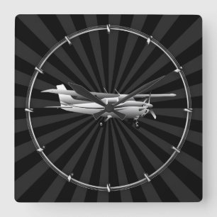 Aircraft Cessna Silhouette Flying Sunburst Decor Quadratische Wanduhr
