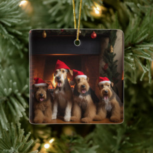 Airedale am Feuerplatz Weihnachten Keramikornament