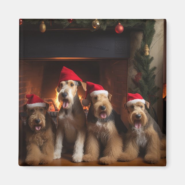 Airedale am Feuerplatz Weihnachten Magnet (Vorne)