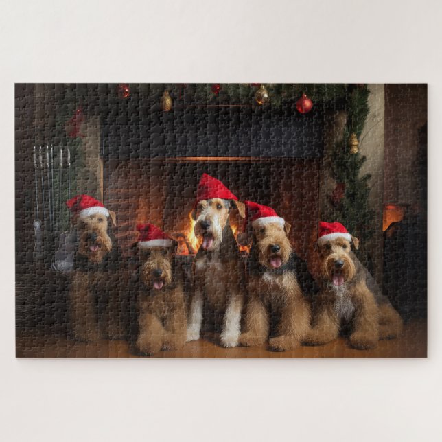 Airedale am Feuerplatz Weihnachten Puzzle (Horizontal)