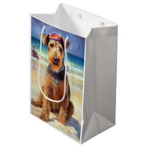 Airedale am Strand, Sommergeschenk für Hundebesitz Mittlere Geschenktüte