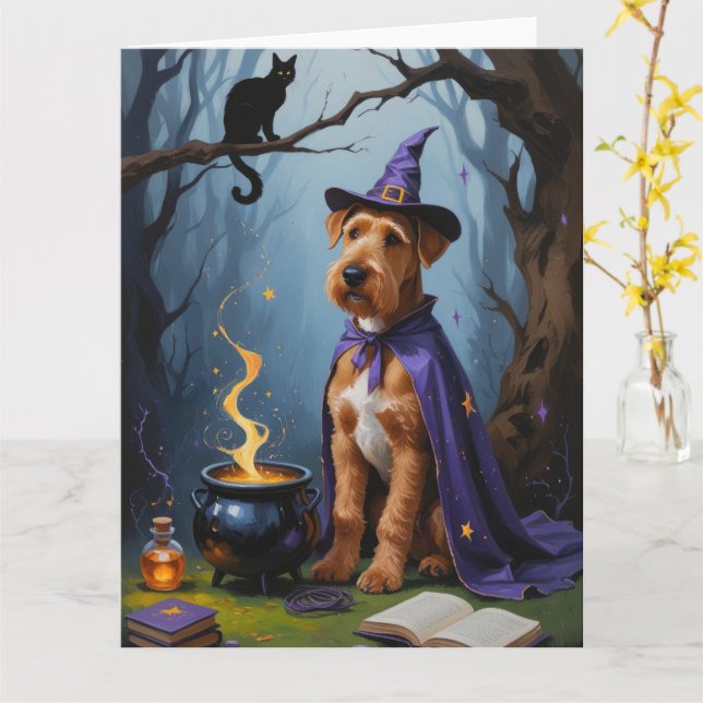Airedale Dog Whimsical Halloween Malerei Karte (Gelbe Blume)