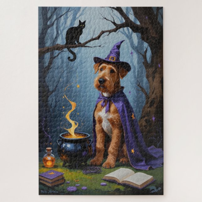 Airedale Dog Whimsical Halloween Malerei Puzzle (Vertikal)
