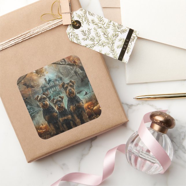 Airedale Halloween Night Doggy Delikatesse Quadratischer Aufkleber (Schenken)