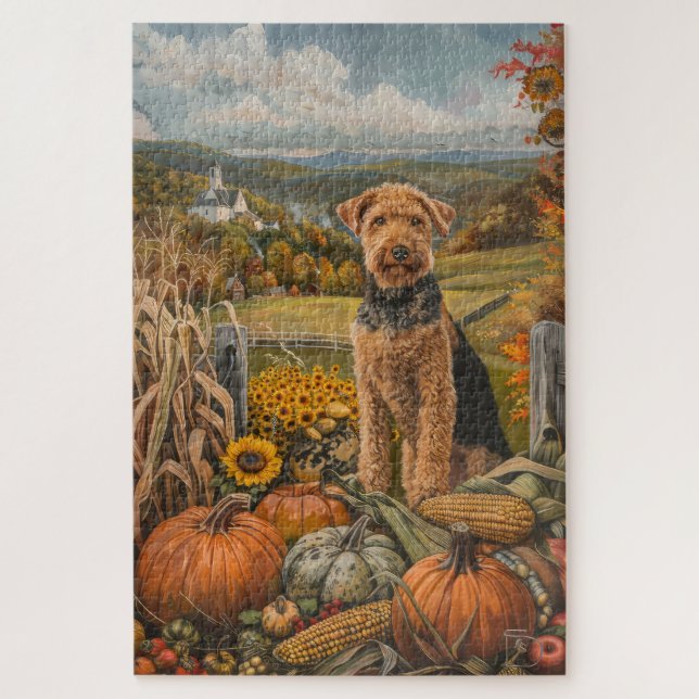 Airedale Herbsternte Erntedank Hund Puzzle (Vertikal)