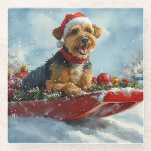 Airedale Hund in Sledge Let it Snow Weihnachten Glasuntersetzer