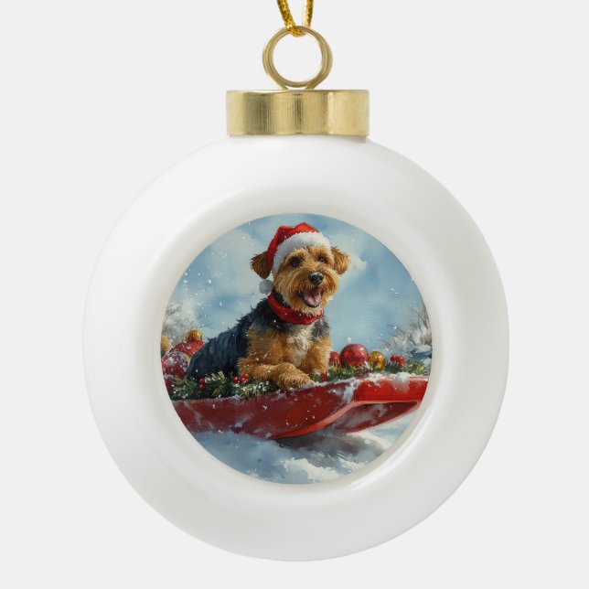 Airedale Hund in Sledge Let it Snow Weihnachten Keramik Kugel-Ornament (Vorderseite)