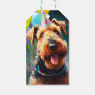 Airedale Hund mit Geburtstagshut und Ballons Geschenkanhänger