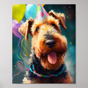 Airedale Hund mit Geburtstagshut und Ballons Poster