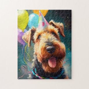 Airedale Hund mit Geburtstagshut und Ballons Puzzle