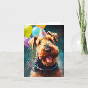 Airedale-Hund mit Geburtstagshut und Luftballons Karte