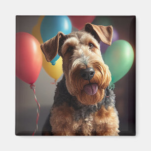 Airedale Hund mit Kuchen und Ballons Magnet