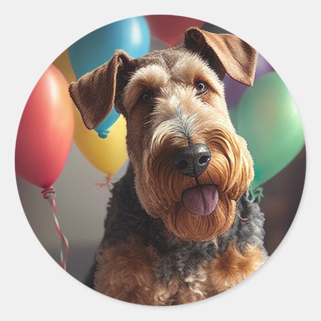 Airedale Hund mit Kuchen und Ballons Runder Aufkleber (Vorderseite)