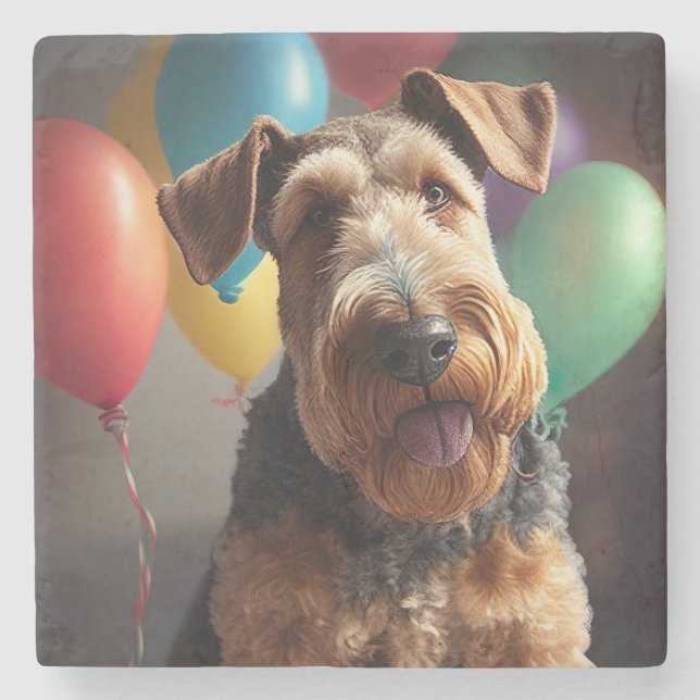 Airedale Hund mit Kuchen und Ballons Steinuntersetzer (Vorderseite)