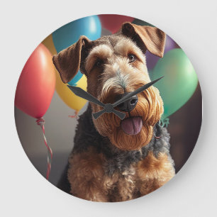 Airedale-Hund mit Kuchen und Luftballons Große Wanduhr