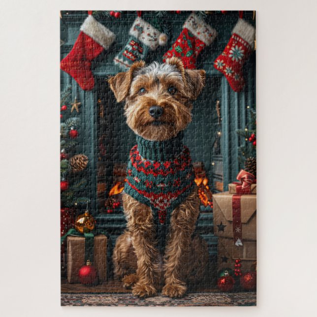 Airedale Hund mit Weihnachtsgeschenken Feuerplatz Puzzle (Vertikal)