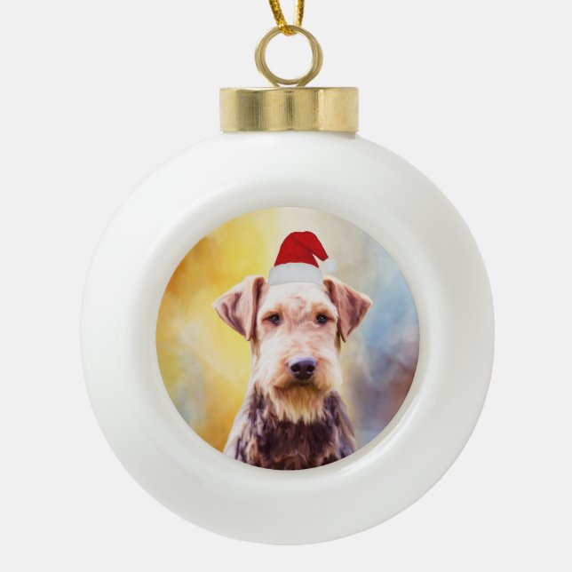 Airedale Hund Weihnachten Weihnachtsmannmütze Art  Keramik Kugel-Ornament (Vorderseite)