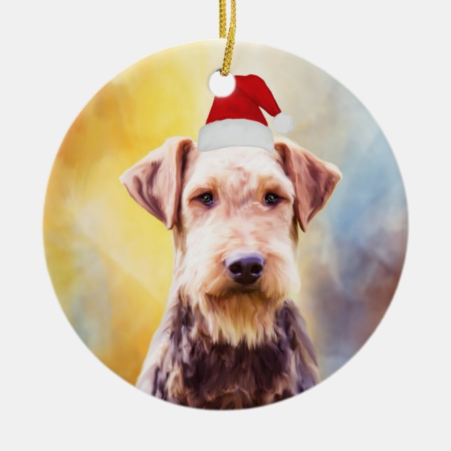 Airedale Hund Weihnachten Weihnachtsmannmütze Art  Keramikornament (Vorne)