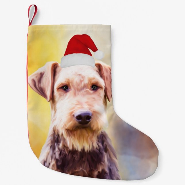Airedale Hund Weihnachten Weihnachtsmannmütze Art  Kleiner Weihnachtsstrumpf (Vorderseite)
