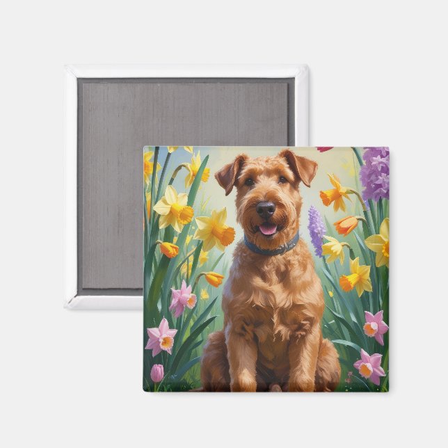 Airedale Hunde Frühlingsblumen Malerei Magnet (Vorderseite/Rückseite)