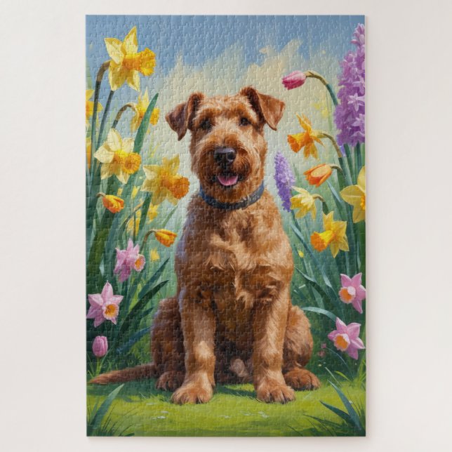 Airedale Hunde Frühlingsblumen Malerei Puzzle (Vertikal)
