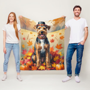 Airedale im Herbstlaub-Erntedankfest-Kunst Fleecedecke