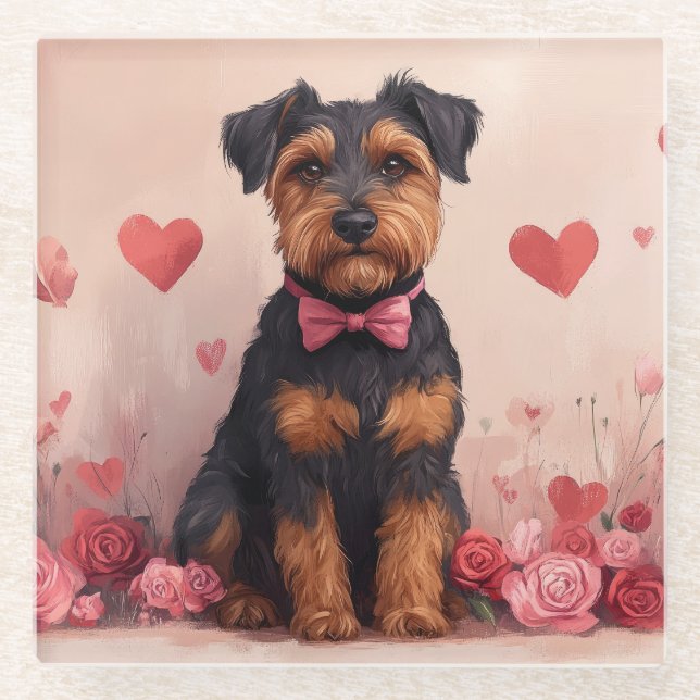 Airedale mit Rose - Valentinstag Glasuntersetzer (Vorderseite)