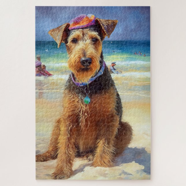 Airedale on Beach, Sommergeschenk für Hundefreunde Puzzle (Vertikal)