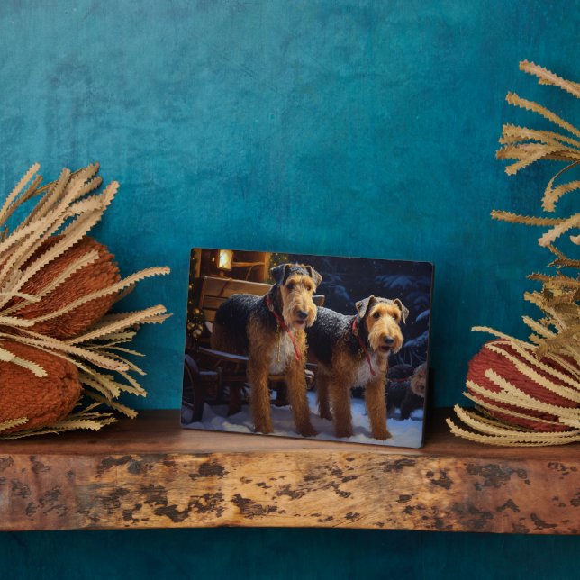 Airedale Snowy Sleigh Reiten Weihnachtsdekor Fotoplatte (Seite)
