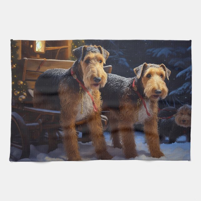 Airedale Snowy Sleigh Reiten Weihnachtsdekor Geschirrtuch (Horizontal)