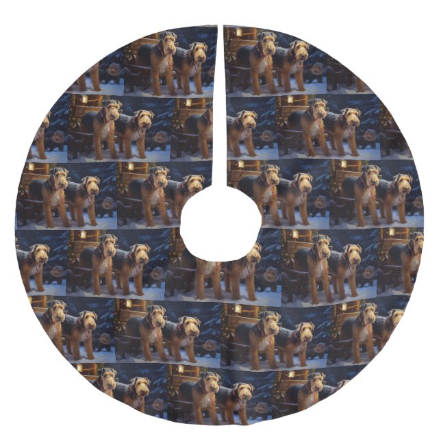 Airedale Snowy Sleigh Reiten Weihnachtsdekor Polyester Weihnachtsbaumdecke (Vorderseite)