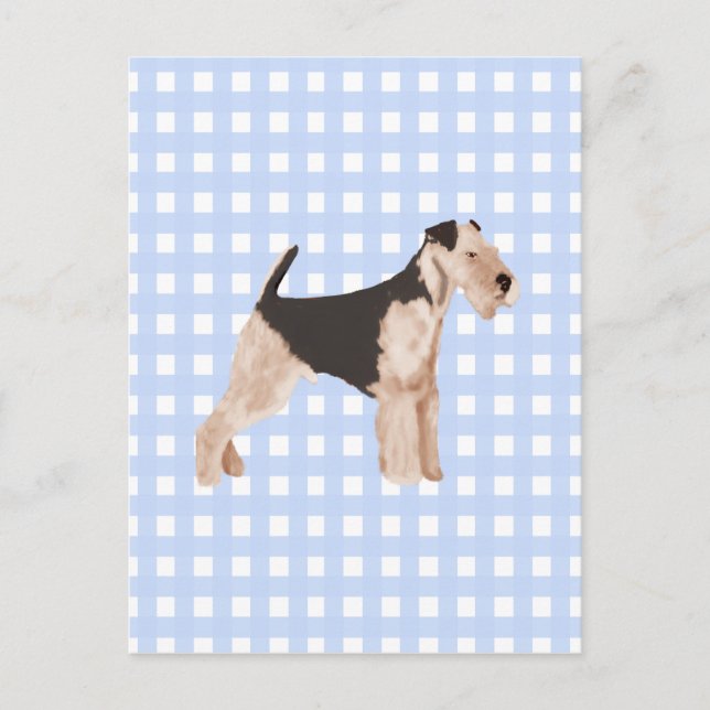 Airedale Terrier Blue Gingham Postkarte (Vorderseite)
