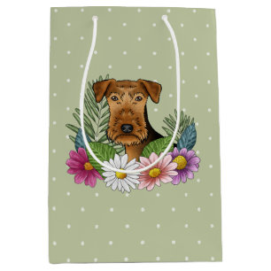 Airedale Terrier Bunte Blumen Grün Mittlere Geschenktüte