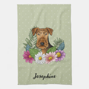 Airedale Terrier Bunte Blumen Und Name Grün Geschirrtuch