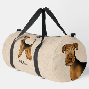 Airedale Terrier Cartoon-Hund auf Beige mit Namen Duffle Bag