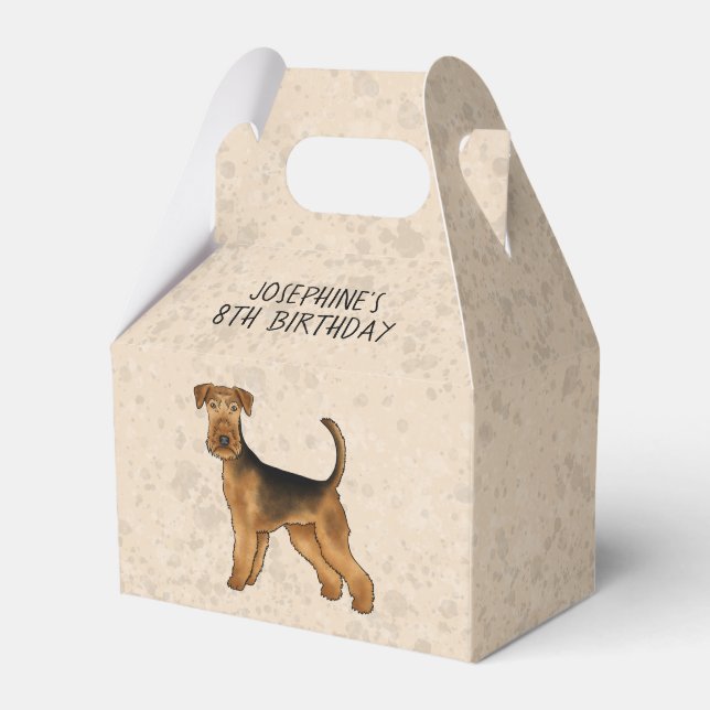Airedale Terrier Cartoon Hund auf Beige mit Text Geschenkschachtel (Vorderseite)