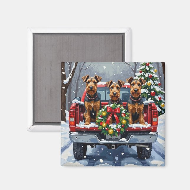Airedale Terrier Christmas Red Truck Holiday Magnet (Vorderseite/Rückseite)