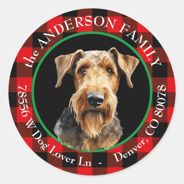 Airedale Terrier Dog Buffalo Karierte Rücksendeadr Runder Aufkleber (Vorderseite)