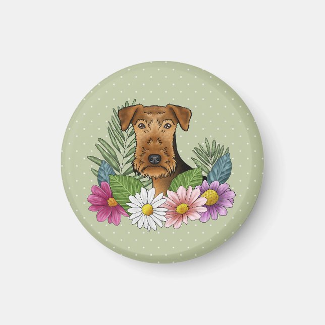 Airedale Terrier Dog Farbige Blume Grün Magnet (Vorne)