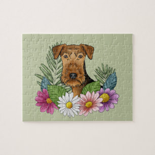 Airedale Terrier Dog Farbige Blume Grün Puzzle