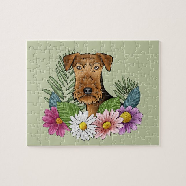 Airedale Terrier Dog Farbige Blume Grün Puzzle (Horizontal)
