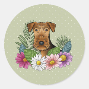 Airedale Terrier Dog Farbige Wildblumen Grün Runder Aufkleber