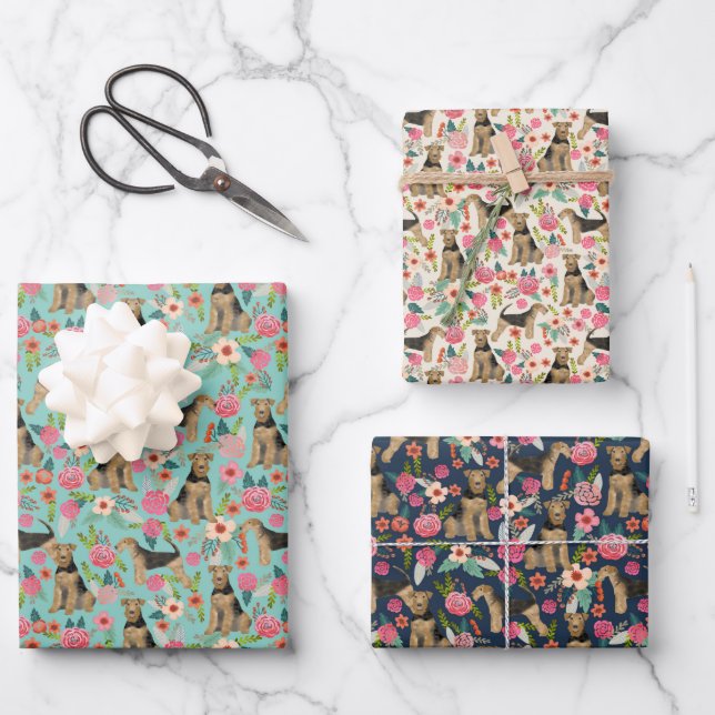 Airedale Terrier Dog Floral Geschenkpapier Set (Vorderseite)
