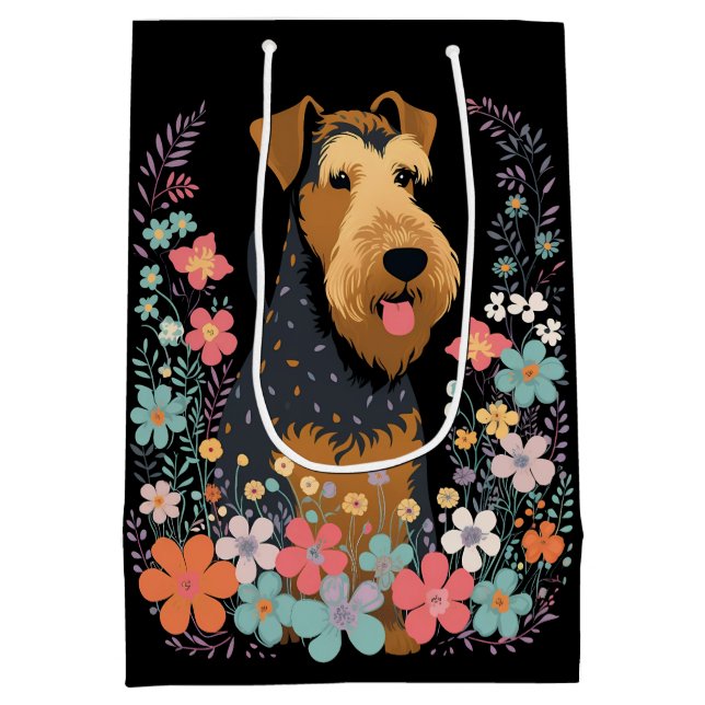 Airedale Terrier Dog im Blumengarten Niedlich Mittlere Geschenktüte (Rückseite)