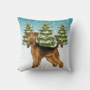 Airedale Terrier Dog im schneebedeckten Winterwald Kissen