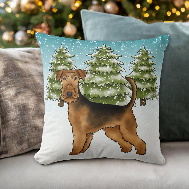 Airedale Terrier Dog im schneebedeckten Winterwald Kissen (Please note: This image is a digital mockup. The product may not be in scale.)
