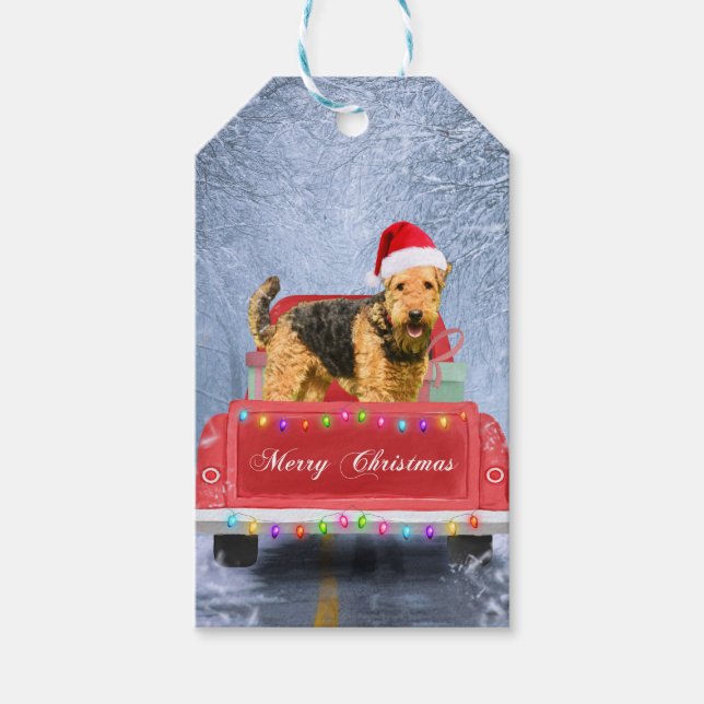 Airedale Terrier Dog in Snow sitzt zu Weihnachten Geschenkanhänger (Vorderseite)