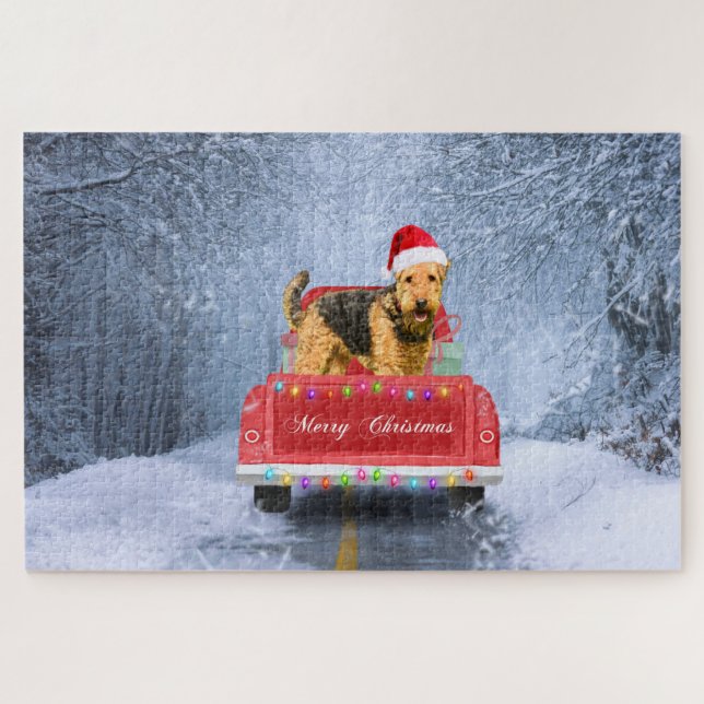 Airedale Terrier Dog in Snow sitzt zu Weihnachten Puzzle (Horizontal)