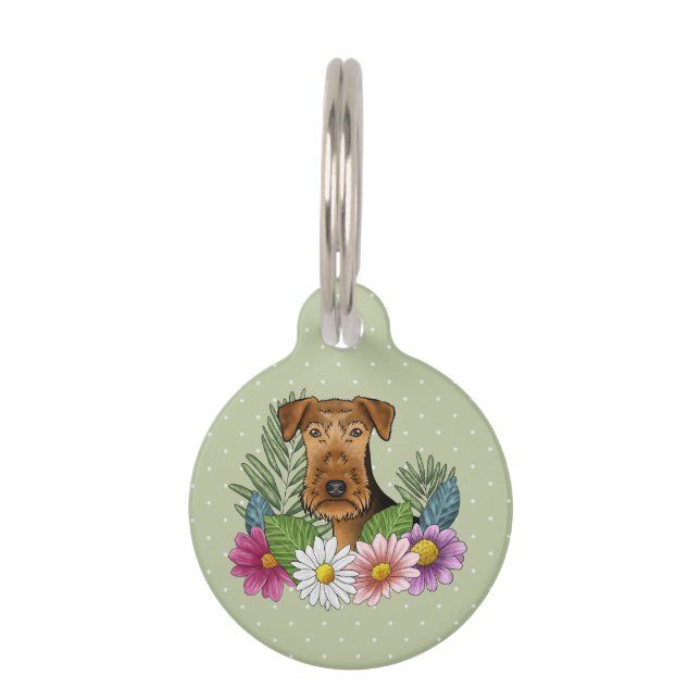 Airedale Terrier Dog mit bunten Blume Haustiermarke (Vorderseite)