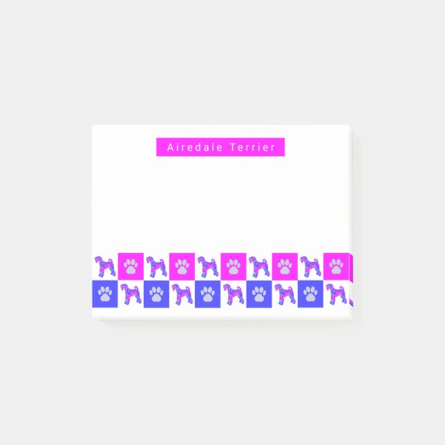 Airedale Terrier Dog & Paw Hot Pink & Blue Post-it Klebezettel (Vorderseite)